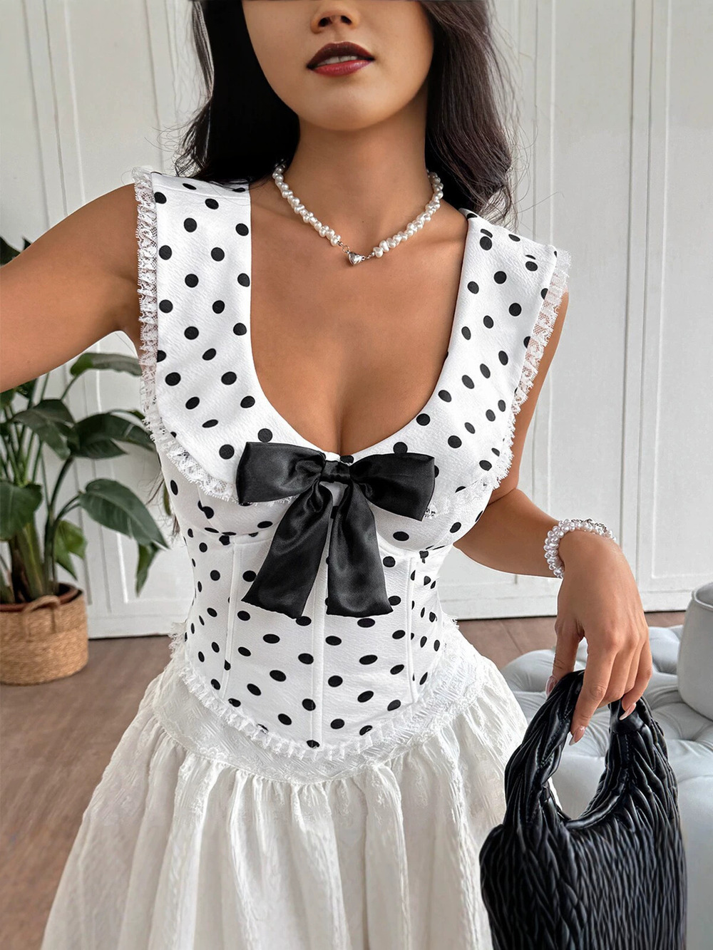Zara Polka Dot Bow Lace Trim Boned Waist Corset Cami Top